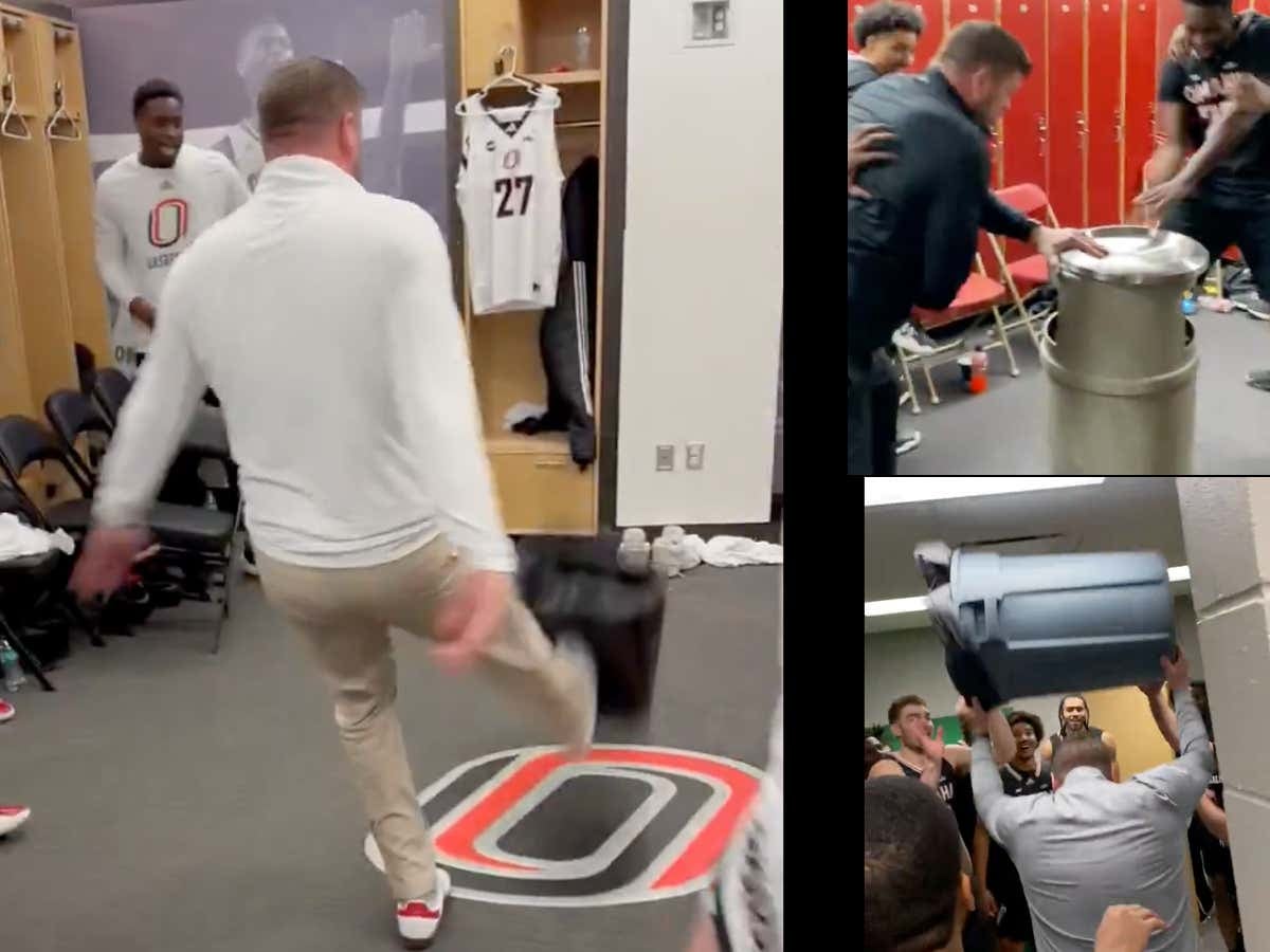 Omaha Basketball's Coach Going Belt To Ass On A Trash Can After A Win Is The Early Leader For Locker Room Celebration Of The Year